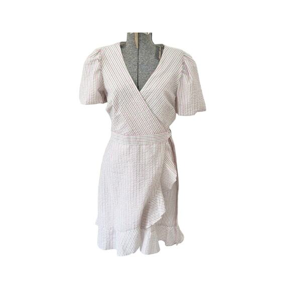 Draper James RSVP Size XXL Seersucker Green Pink Striped Wrap Dress Puff Sleeve - Picture 2 of 7